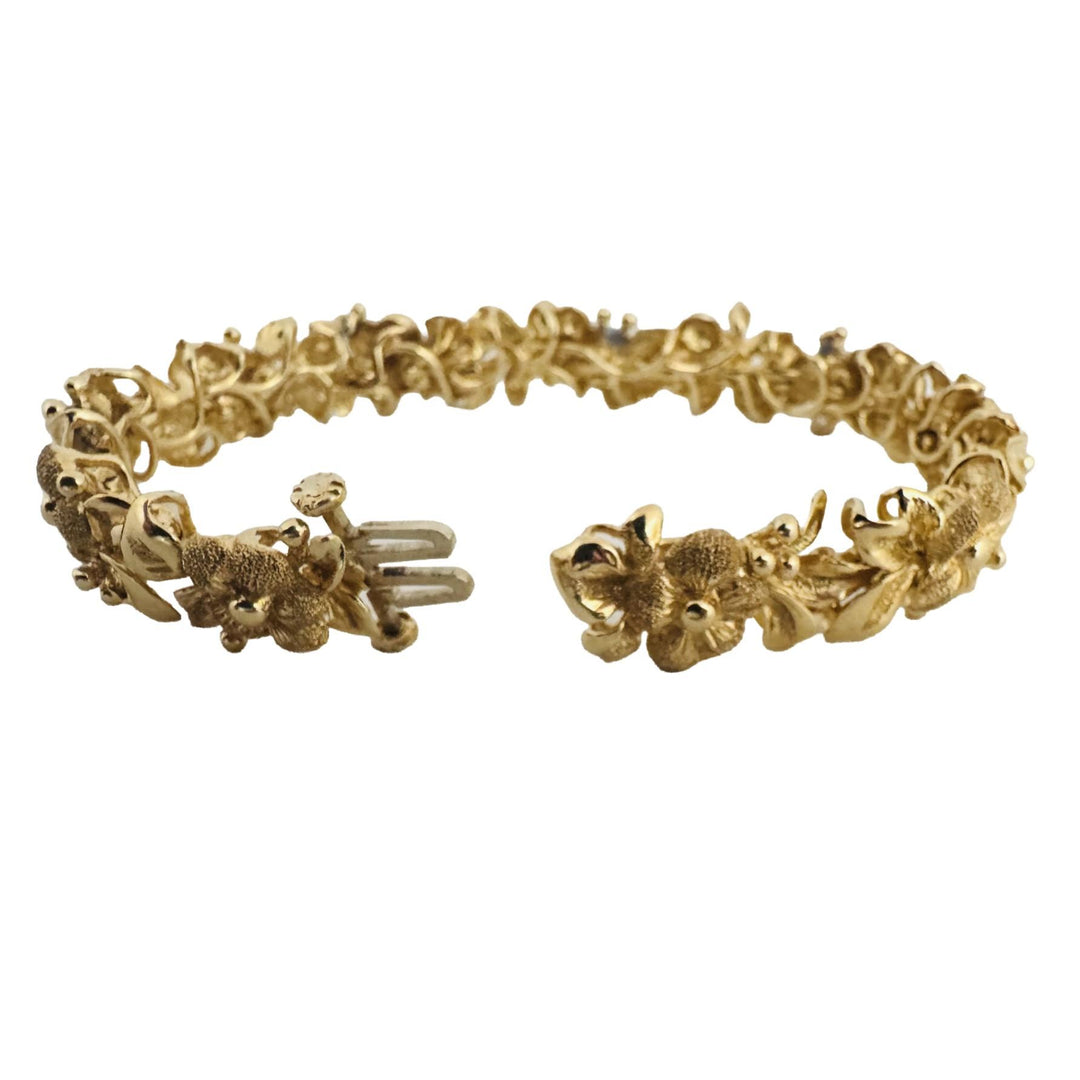 14k Yellow Gold 30g Solid Heavy 12mm Fancy Floral Link Bracelet 7"