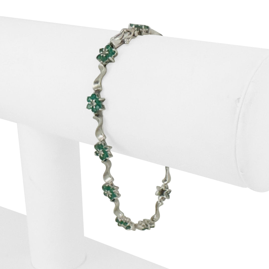 14k White Gold Emerald and Diamond Floral Cluster Link Bracelet 7"