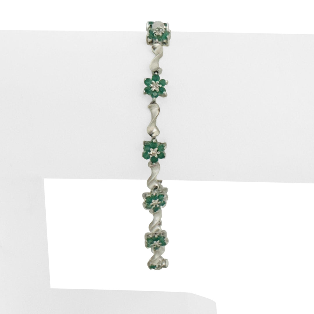 14k White Gold Emerald and Diamond Floral Cluster Link Bracelet 7"