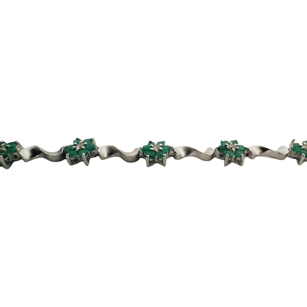 14k White Gold Emerald and Diamond Floral Cluster Link Bracelet 7"