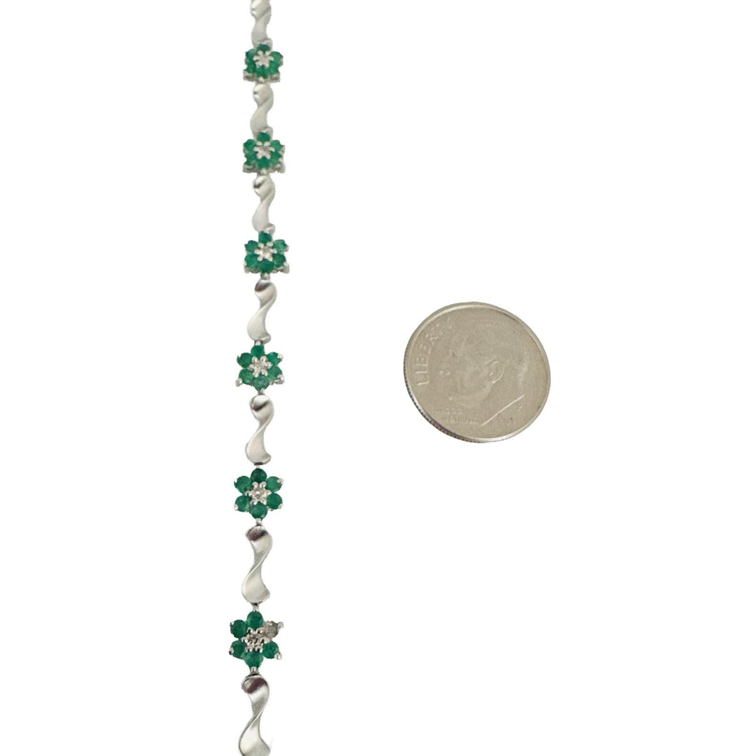 14k White Gold Emerald and Diamond Floral Cluster Link Bracelet 7"