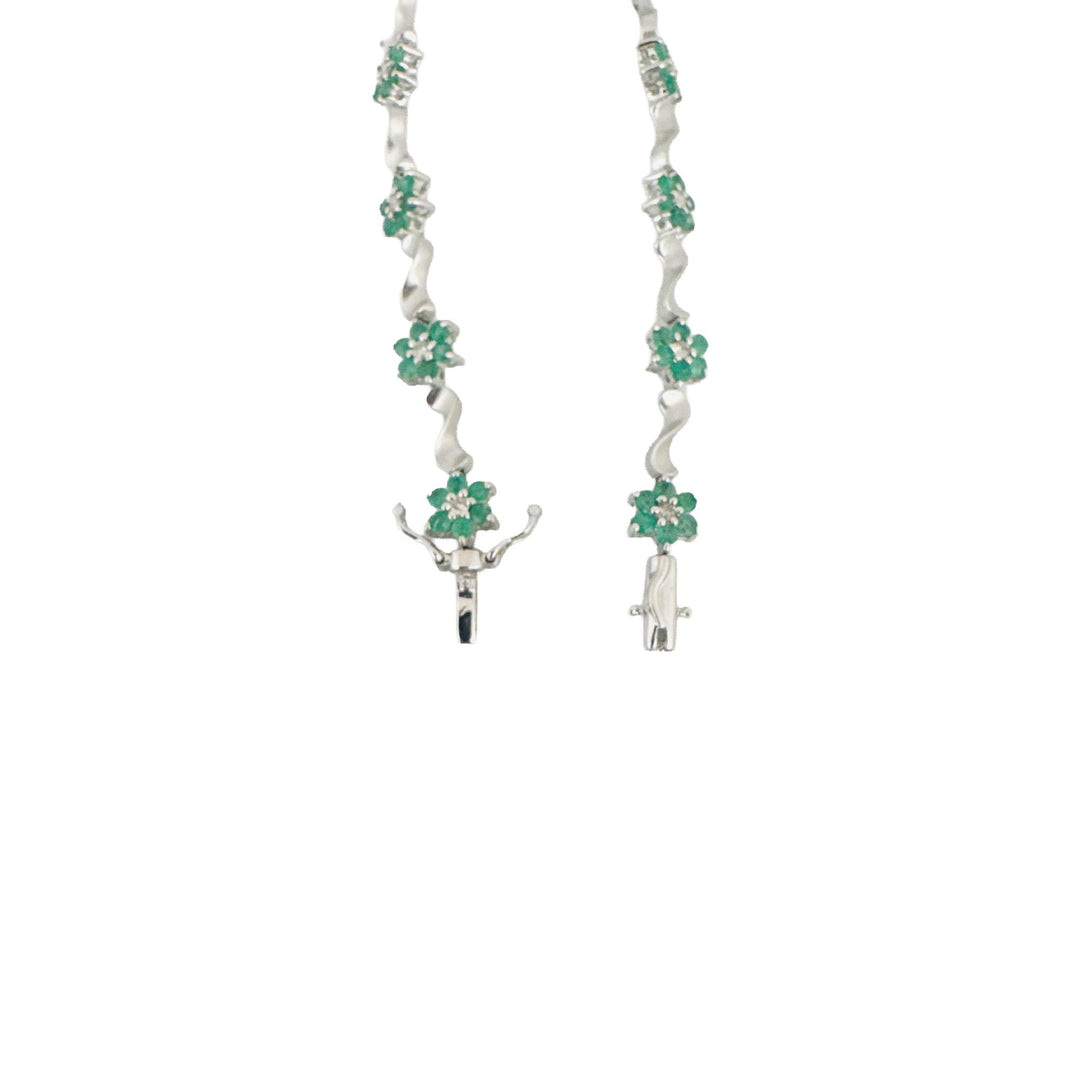 14k White Gold Emerald and Diamond Floral Cluster Link Bracelet 7"