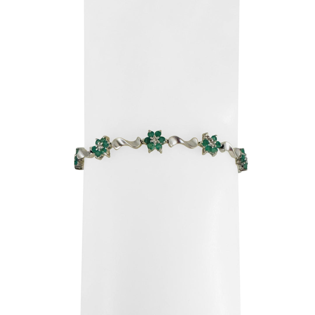 14k White Gold Emerald and Diamond Floral Cluster Link Bracelet 7"