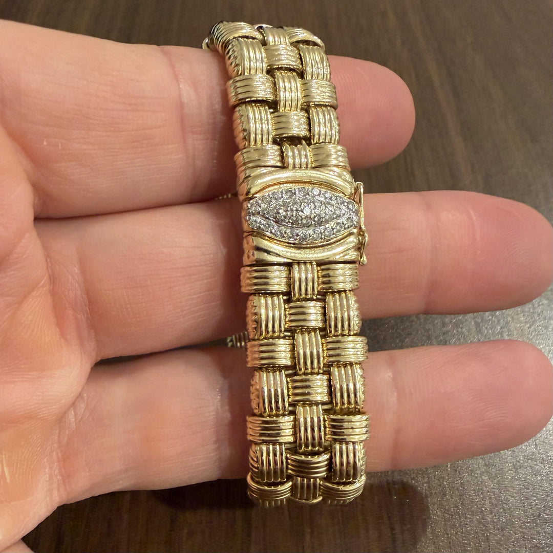 14k Yellow Gold and Diamond 39.8g Heavy Basket Weave Woven Link Bracelet 7"