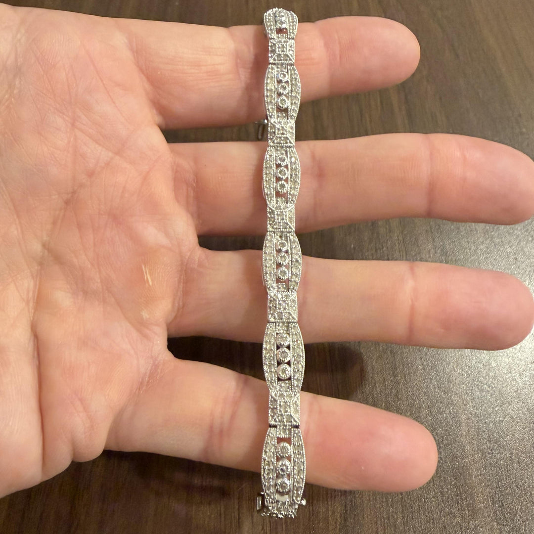 14k White Gold and 1cttw Diamond Vintage Intricate Filigree Link Bracelet 7"