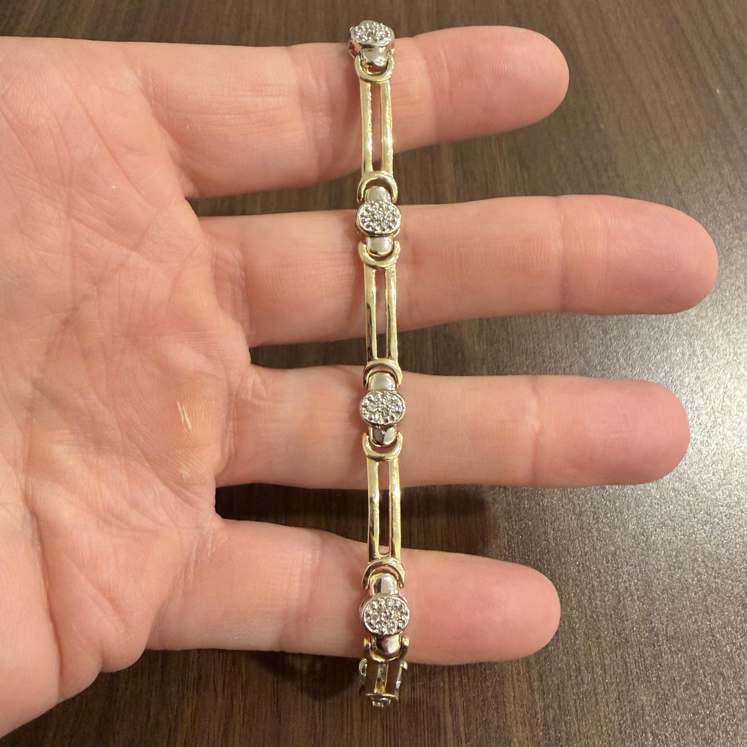 14k Yellow and White Gold 17g Diamond Ladies Bar Link Bracelet 7"