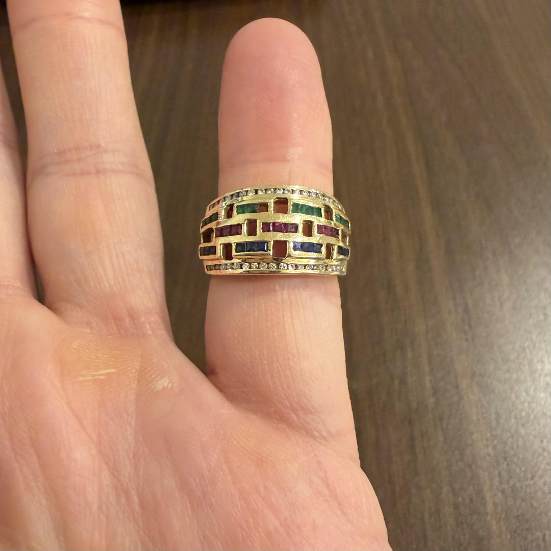 14k Yellow Gold Multi Gemstone and Diamond Band Ring Size 7.25