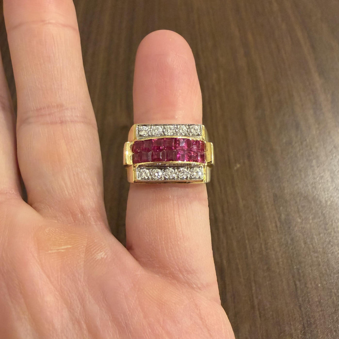 18k Yellow Gold Ruby and 0.50cttw Diamond Solid Ring Size 6.75