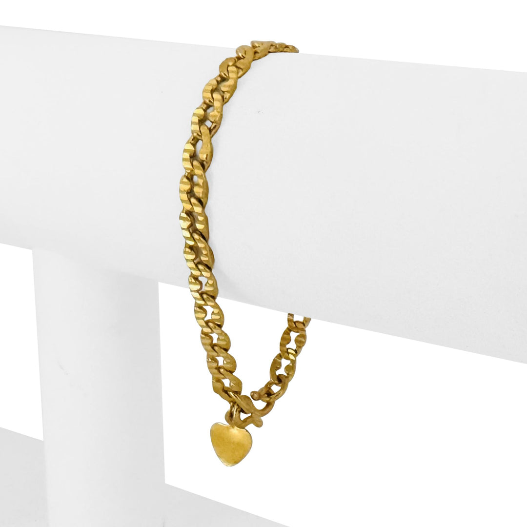 24k Pure Yellow Gold 11.8g Diamond Cut Curb Link Bracelet with Heart Charm 6.25"