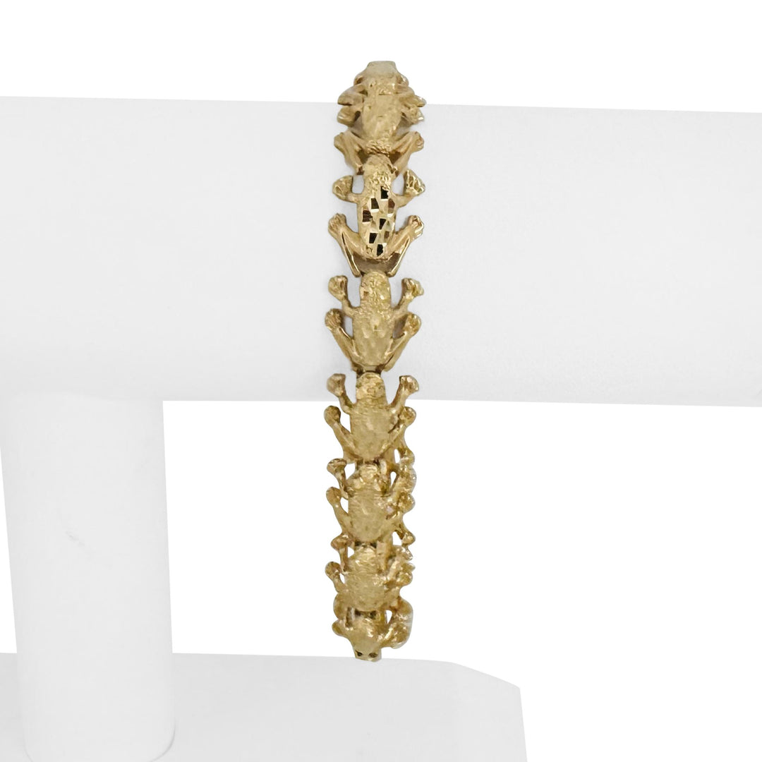 14k Yellow Gold 17.6g Ladies Diamond Cut Frog Charm Link Bracelet 8"