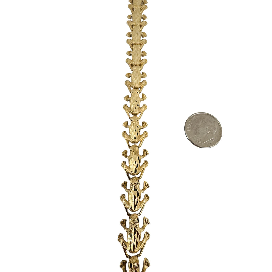 14k Yellow Gold 17.6g Ladies Diamond Cut Frog Charm Link Bracelet 8"