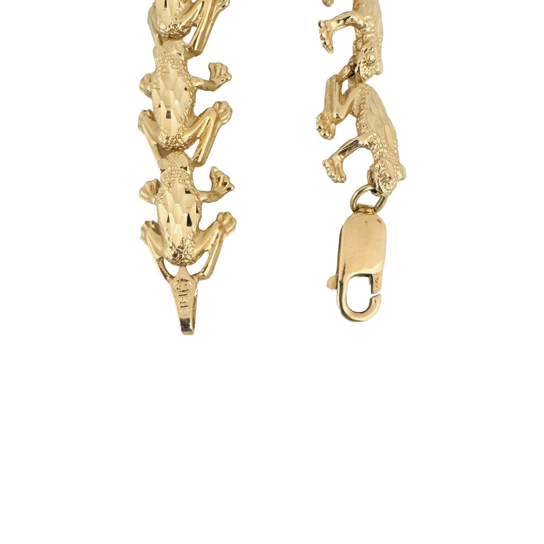 14k Yellow Gold 17.6g Ladies Diamond Cut Frog Charm Link Bracelet 8"