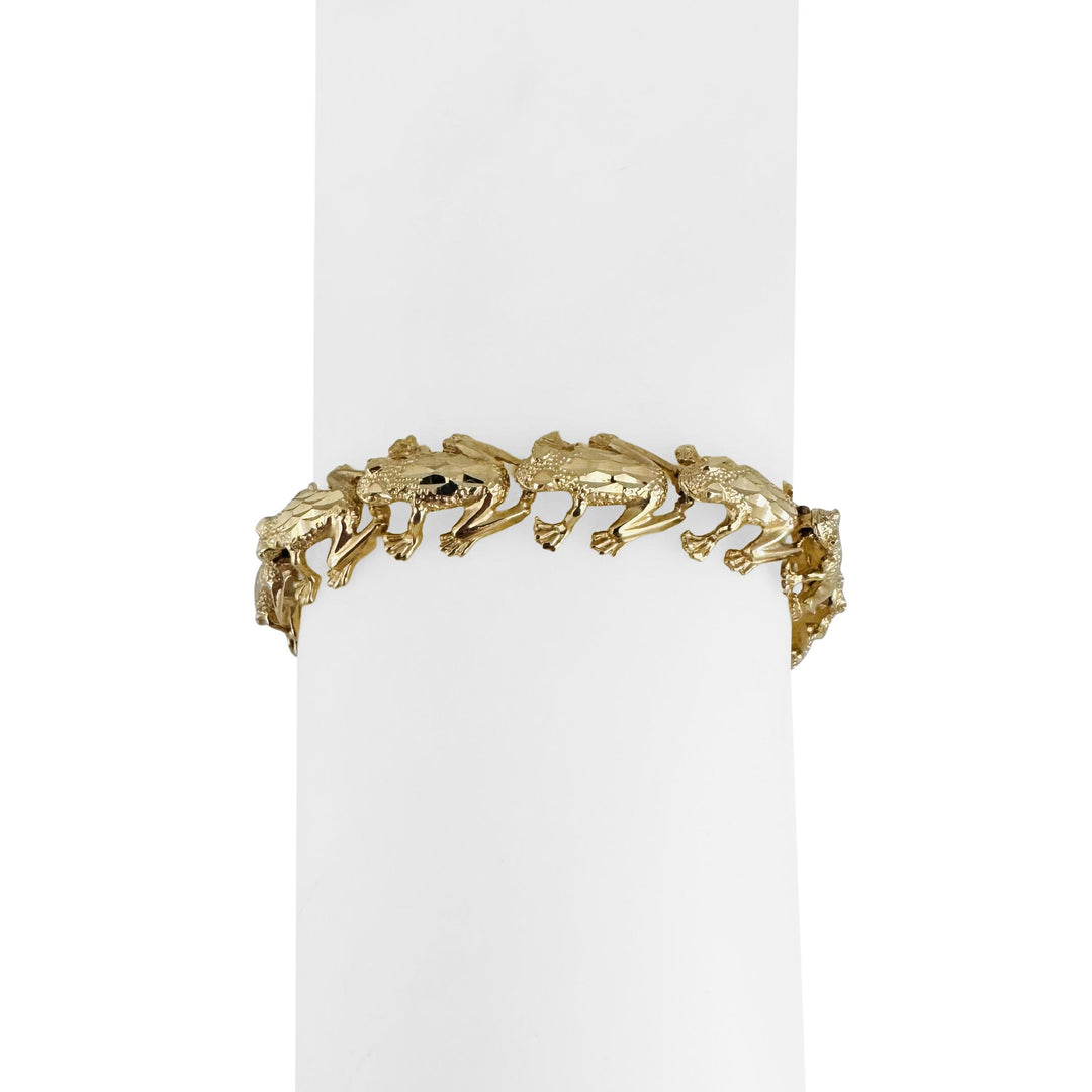 14k Yellow Gold 17.6g Ladies Diamond Cut Frog Charm Link Bracelet 8"