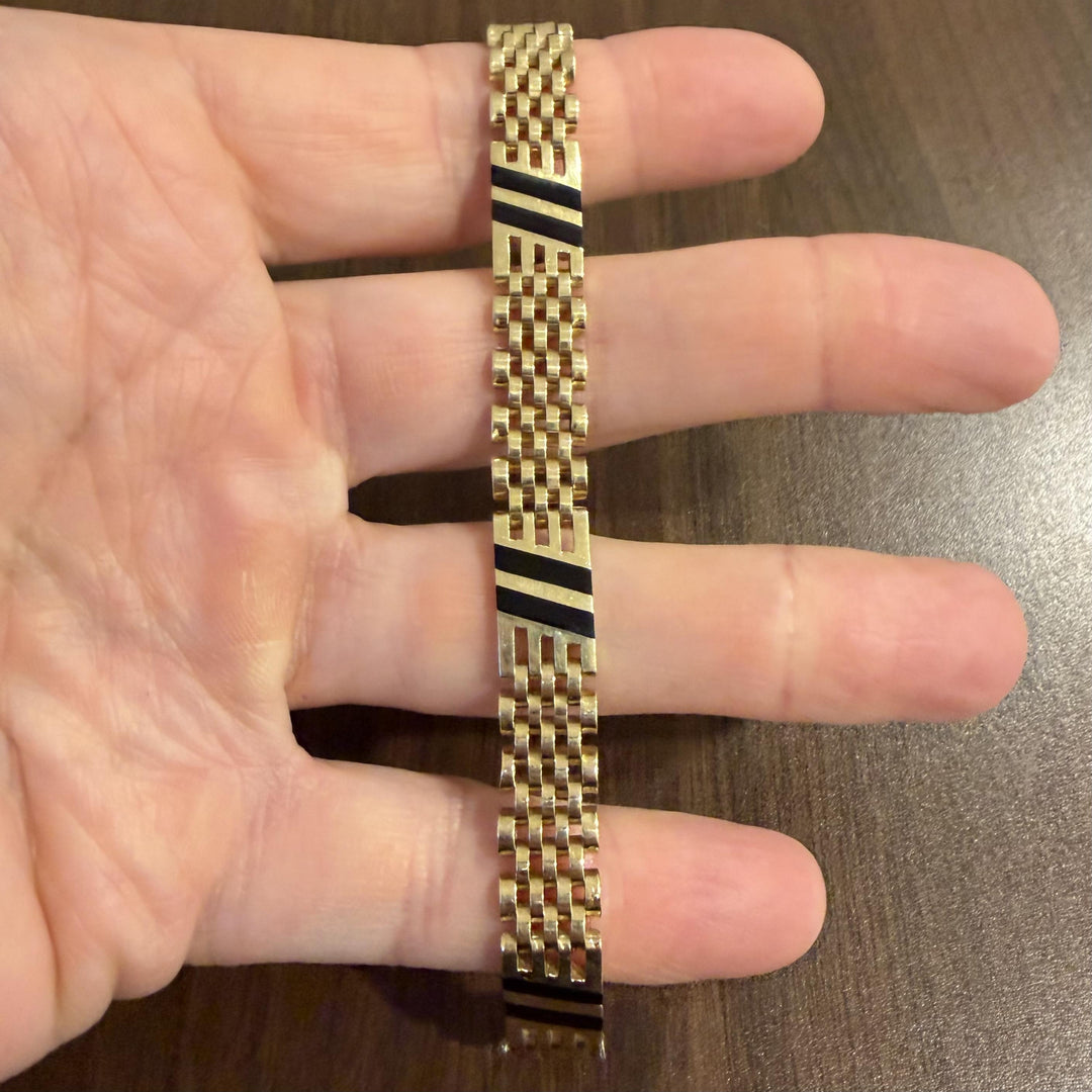 14k Yellow Gold 25.8g Solid Ladies 10mm Enamel Inlay Tank Link Bracelet 7"