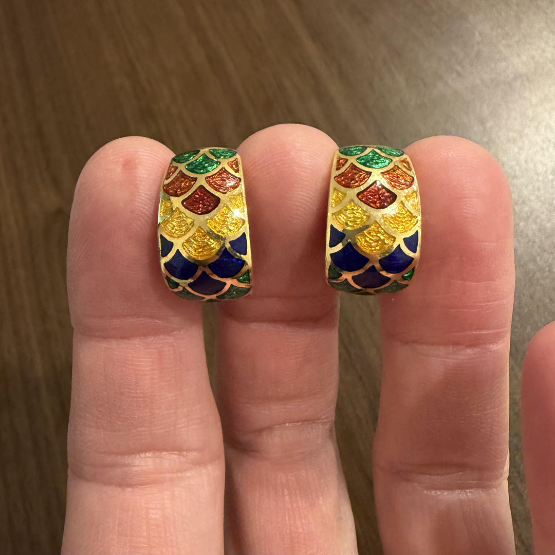 18k Yellow Gold and Multi Color Enamel Vintage Huggie Ear Clips Italy