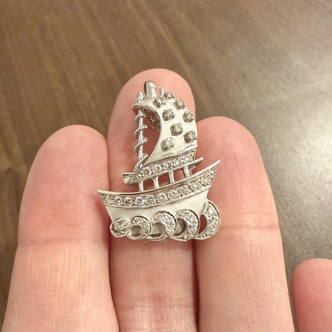 18k White Gold and 0.50cttw Diamond Vintage Solid Ship Pendant 1.3"