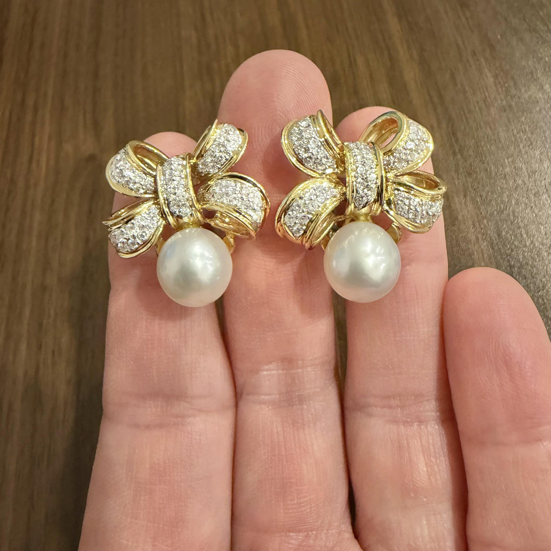 18k Yellow Gold Pearl and 1.20cttw Diamond Bow Earrings 1"
