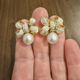 18k Yellow Gold Pearl and 1.20cttw Diamond Bow Earrings 1"