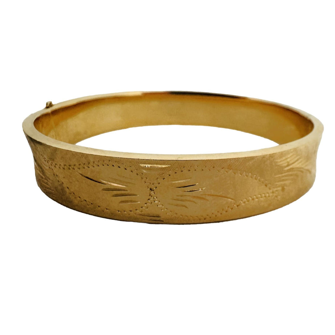 14k Yellow Gold 15g Vintage 10.5mm Concave Floral Bangle Bracelet 7"