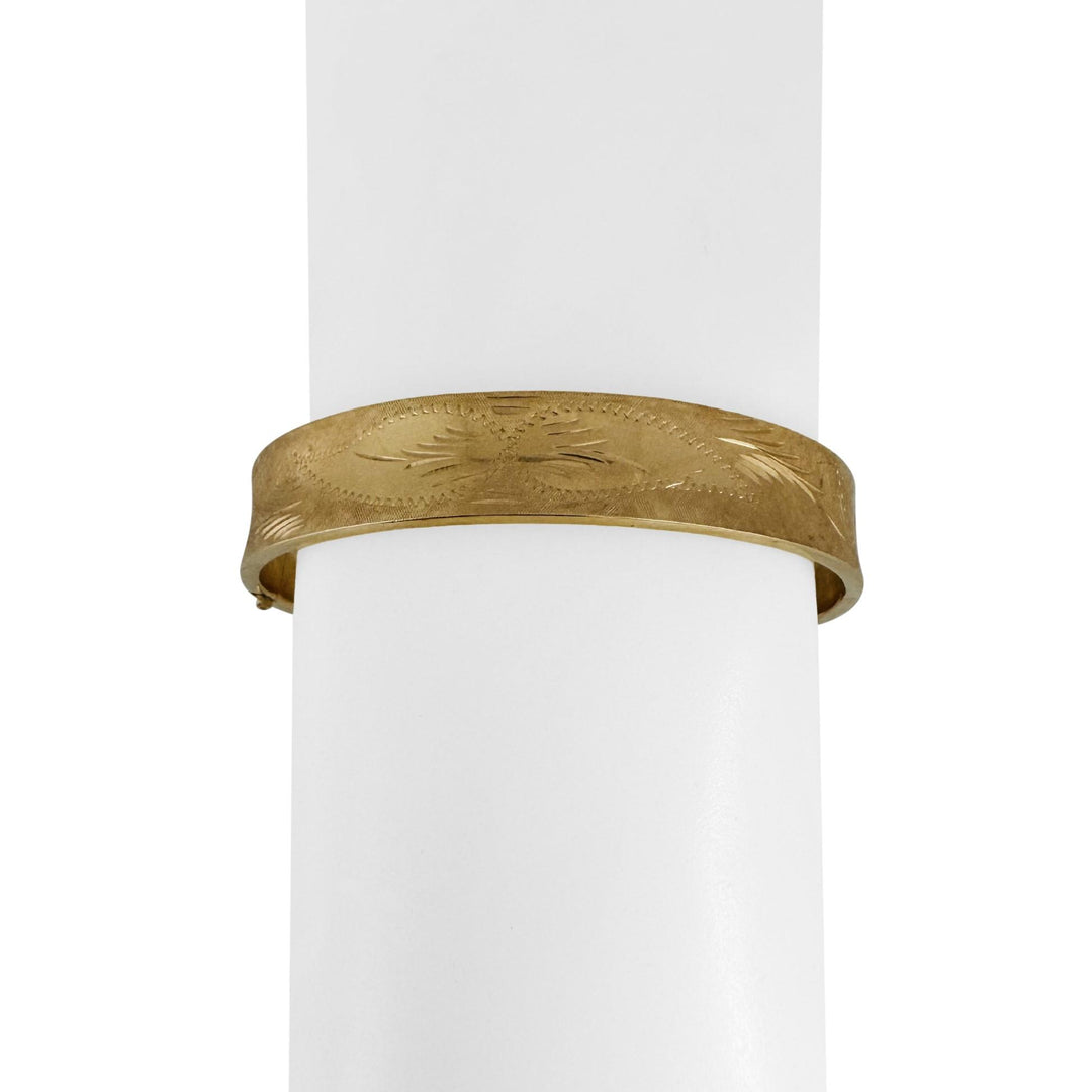 14k Yellow Gold 15g Vintage 10.5mm Concave Floral Bangle Bracelet 7"