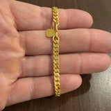 24k Pure Yellow Gold 16.2g Solid Curb Link Bracelet with Heart Charm 6.75"