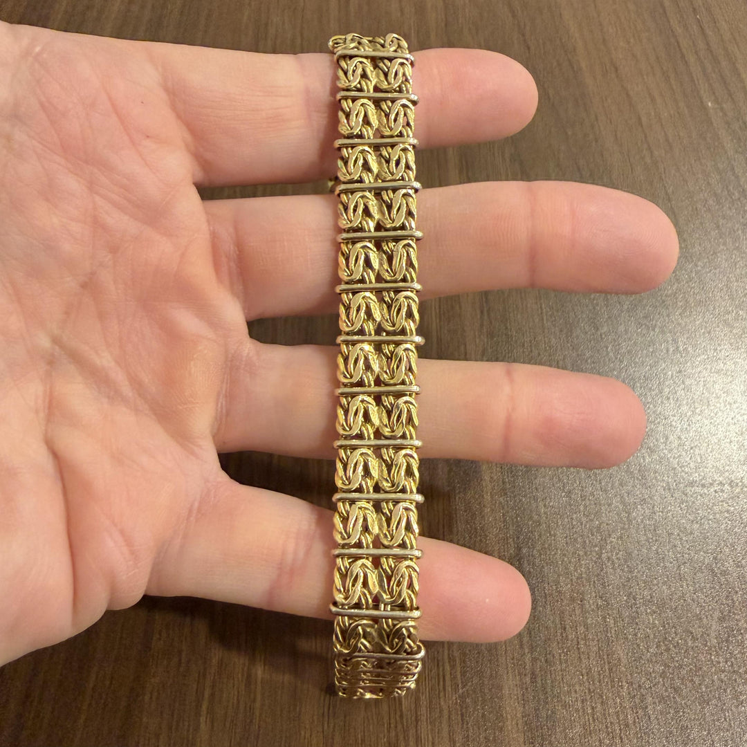 14k Two Tone Gold 25.6g Ladies Vintage Heavy Byzantine Link Bracelet Italy 8"