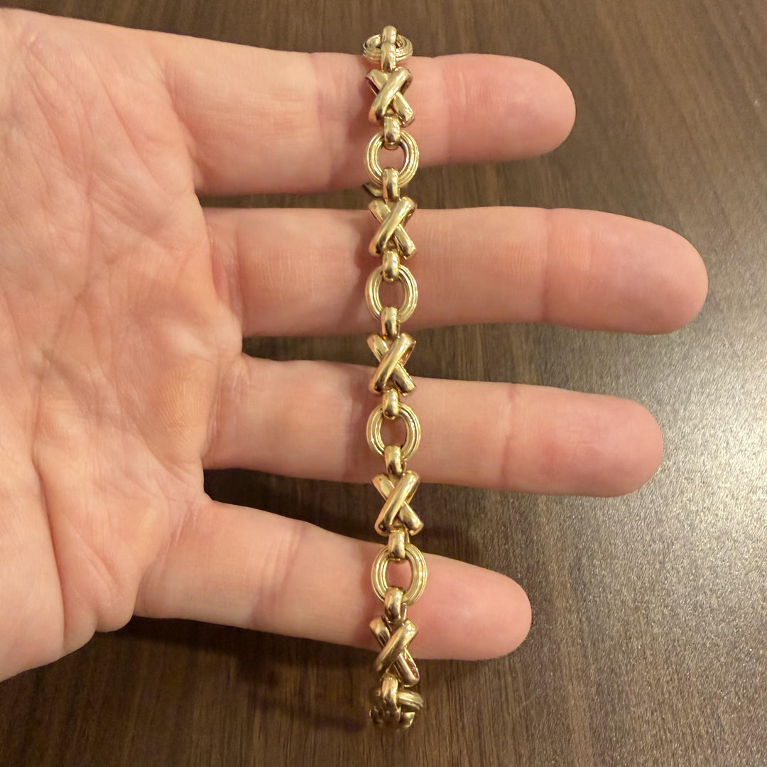 14k Yellow Gold 13g Ladies Vintage 9mm XO Hugs and Kisses Link Bracelet Italy 7"