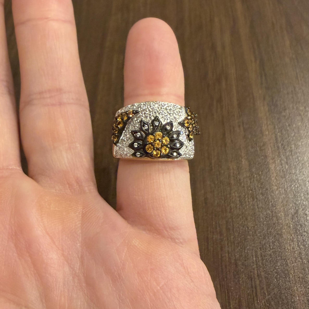 LeVian 18k Yellow Gold Orange Sapphire and Diamond Ring Size 7