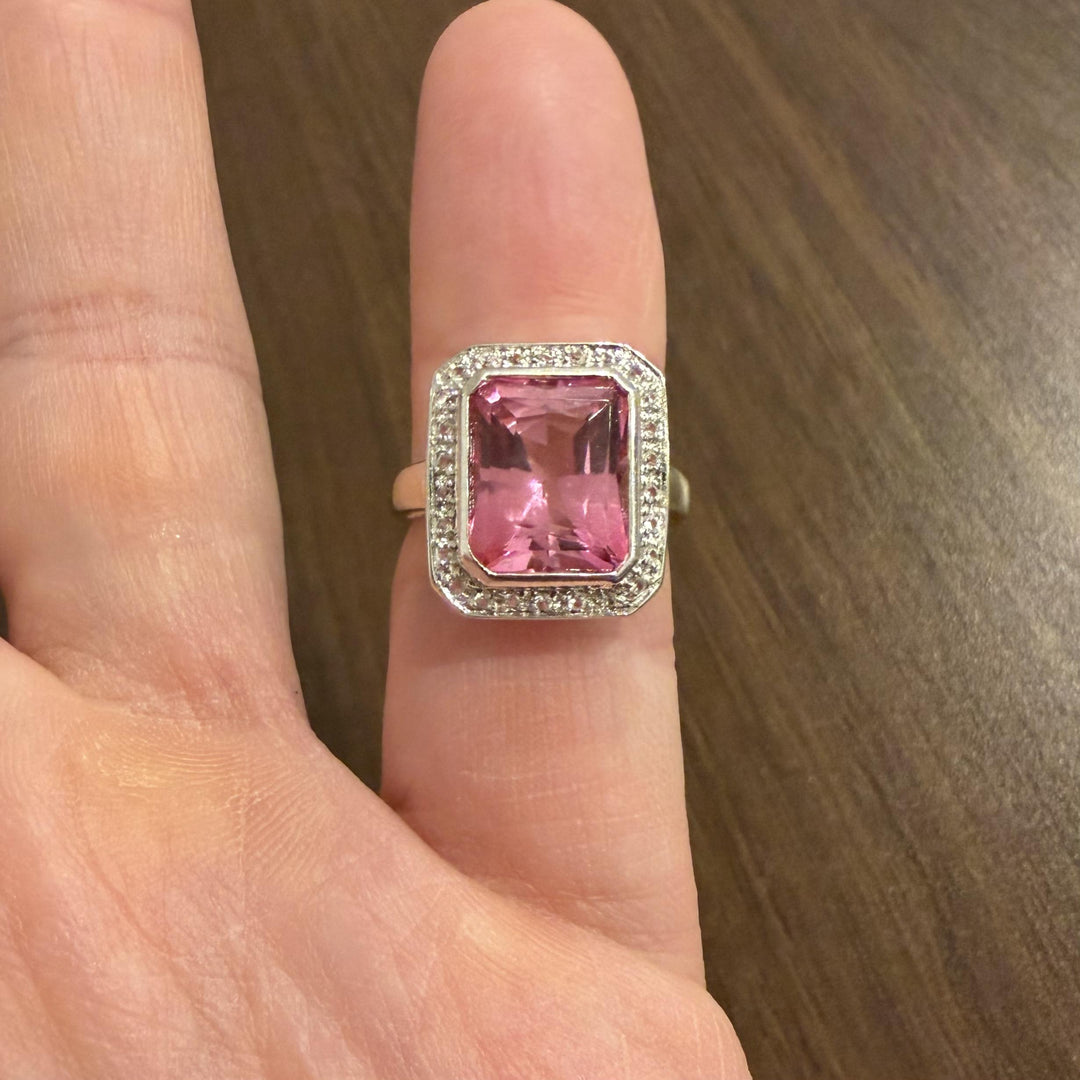 14k White Gold Pink Topaz and Diamond Ring Size 6