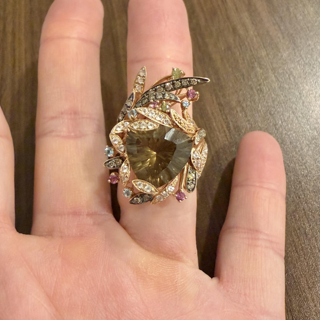 LeVian 14k Rose Gold Smoky Quartz Multi Gemstone and Diamond Large Ring Size 9.5
