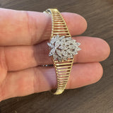 14k Yellow and White Gold Floral Diamond Motif Vintage Bangle Bracelet 6.5"