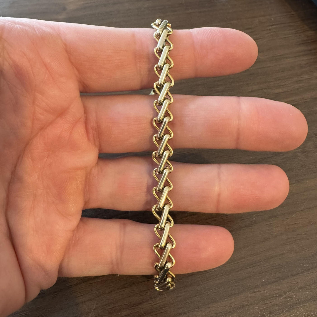 18k Yellow and White Gold 13.5g Ladies Vintage Fancy Link Bracelet Italy 7.25"