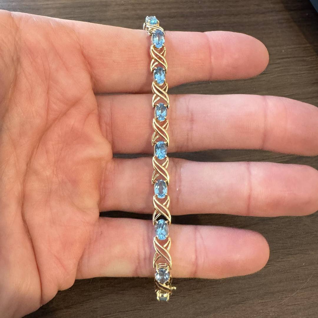 14k Yellow Gold and Blue Topaz 9.7g Ladies X Link Bracelet 7.25 Inches