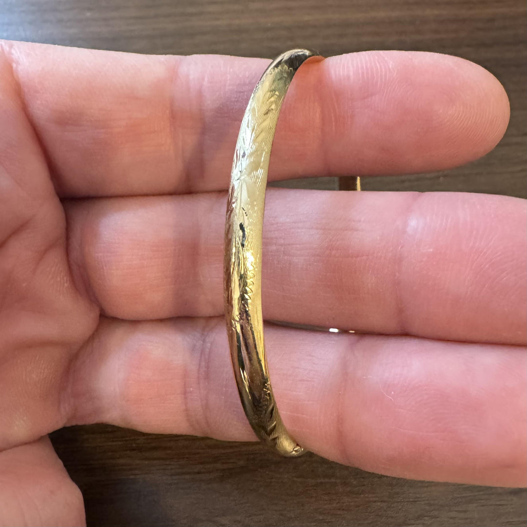14k Yellow Gold 4.6g Ladies Vintage Floral 5mm Bangle Bracelet 7"