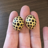 18k Yellow Gold and Black Enamel 12.5g Large Spotted Button Earrings 1"