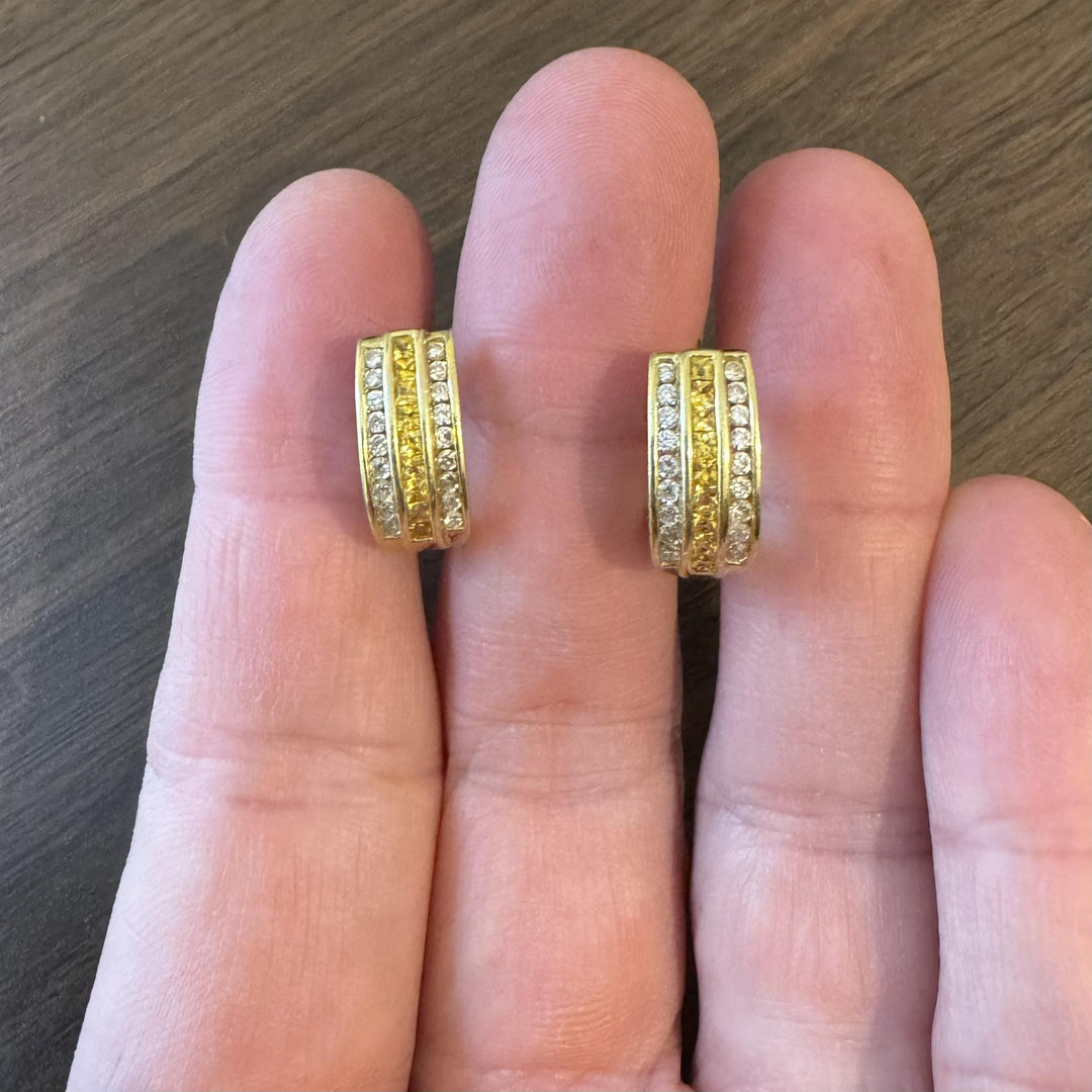 18k Yellow Gold 6.8g Diamond and Yellow Sapphire Huggie Earrings
