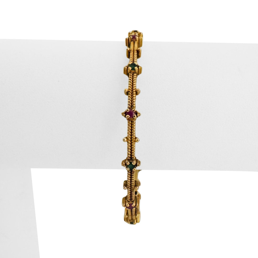 19k Yellow Gold 16.2g Small Solid Vintage Emerald and Ruby Bangle 6.85"