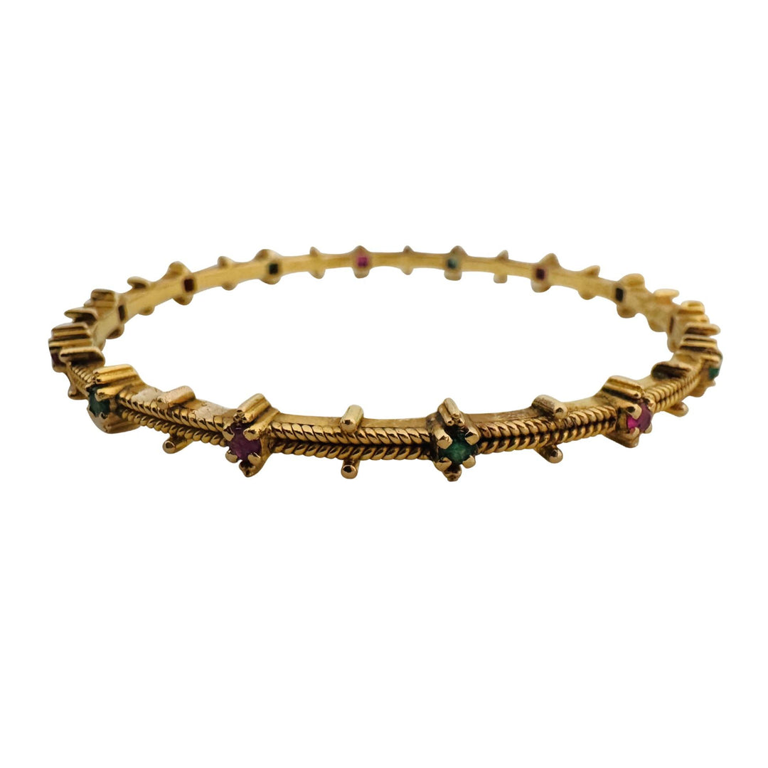 19k Yellow Gold 16.2g Small Solid Vintage Emerald and Ruby Bangle 6.85"