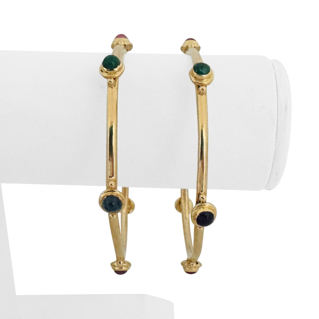 Pair of 14k Yellow Gold and Assorted Cabochon Gemstones Bangle Bracelets 7.75"