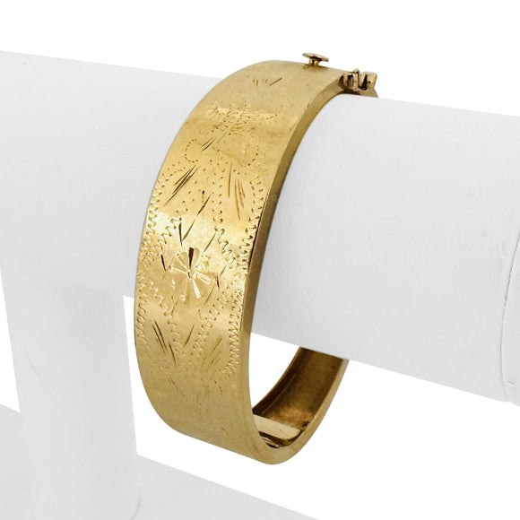 14k Yellow Gold 24.7g Vintage Solid Graduated Floral Bangle Bracelet 6.75