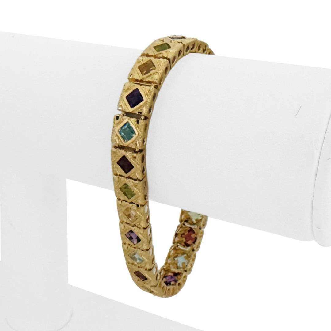 14k Yellow Gold and Multi Princess Cut Gemstone Fancy Link Bracelet 7.25"