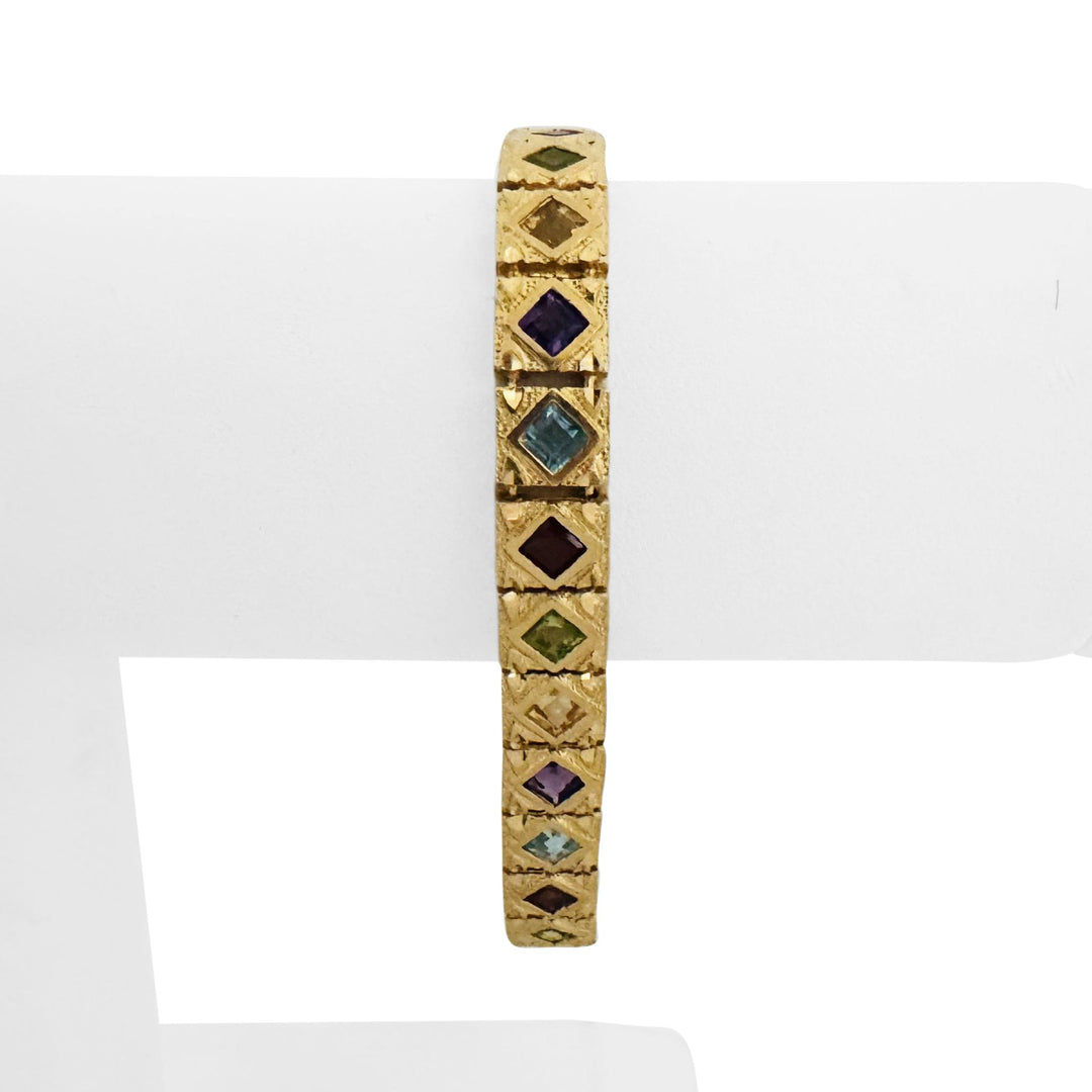 14k Yellow Gold and Multi Princess Cut Gemstone Fancy Link Bracelet 7.25"