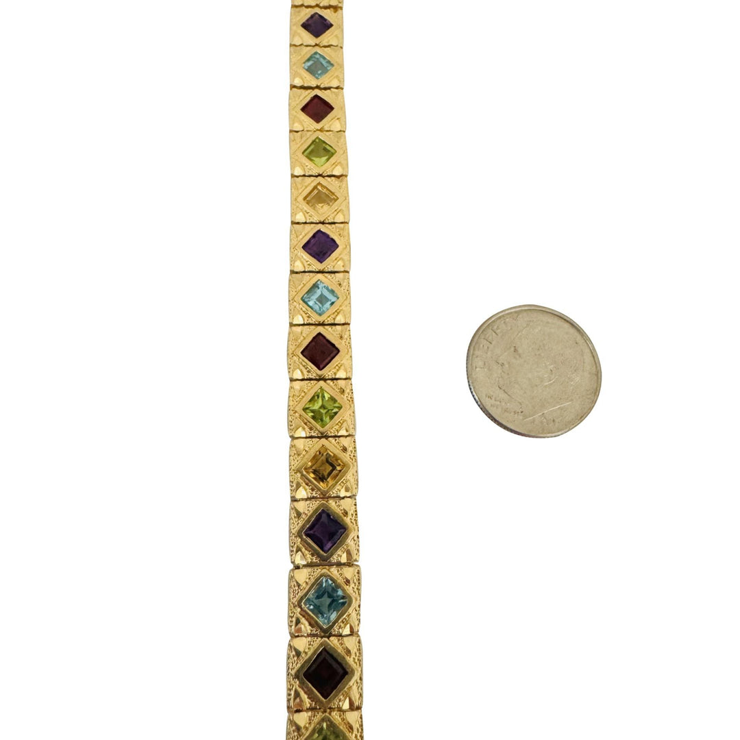 14k Yellow Gold and Multi Princess Cut Gemstone Fancy Link Bracelet 7.25"