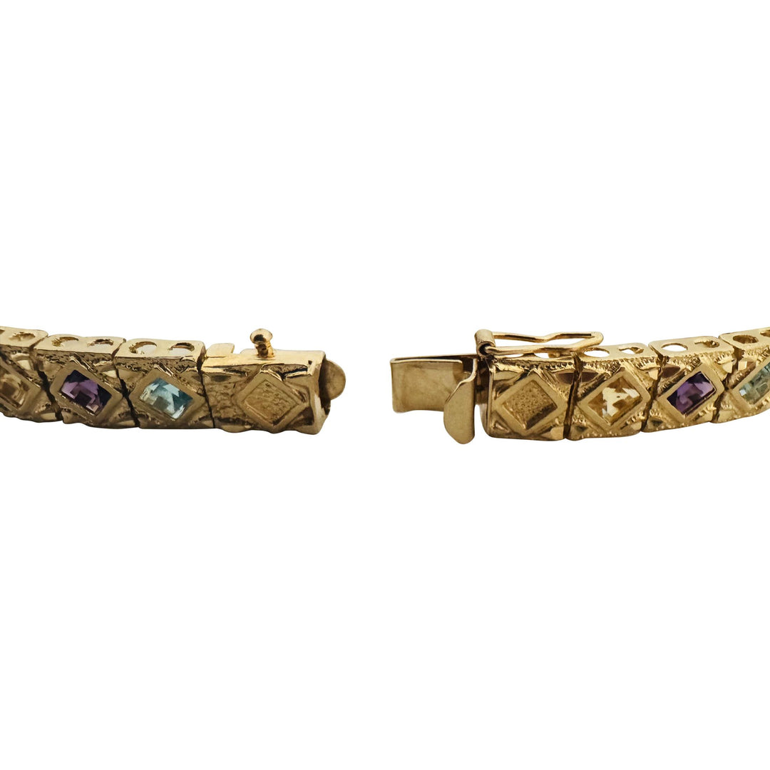 14k Yellow Gold and Multi Princess Cut Gemstone Fancy Link Bracelet 7.25"