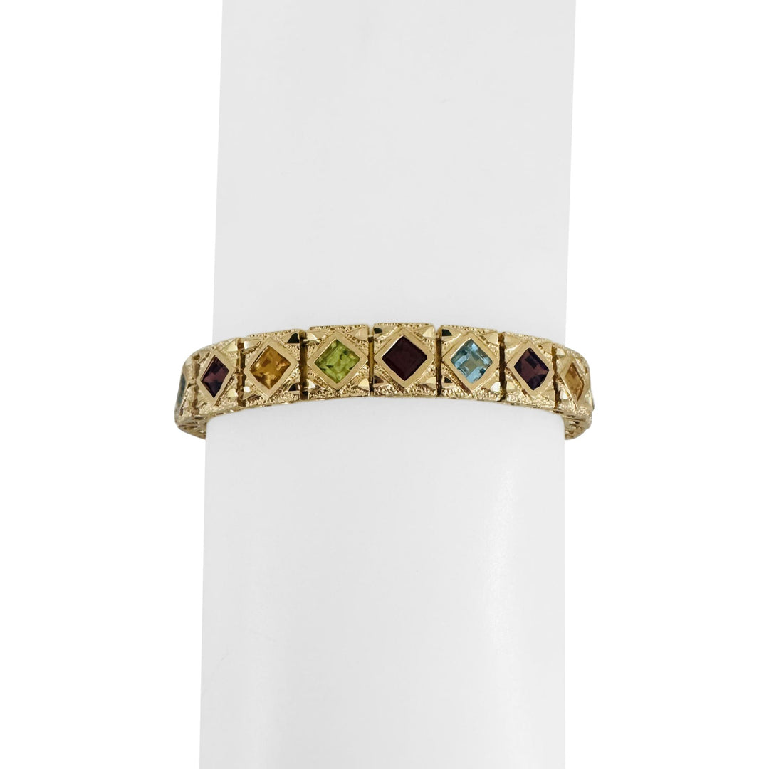 14k Yellow Gold and Multi Princess Cut Gemstone Fancy Link Bracelet 7.25"