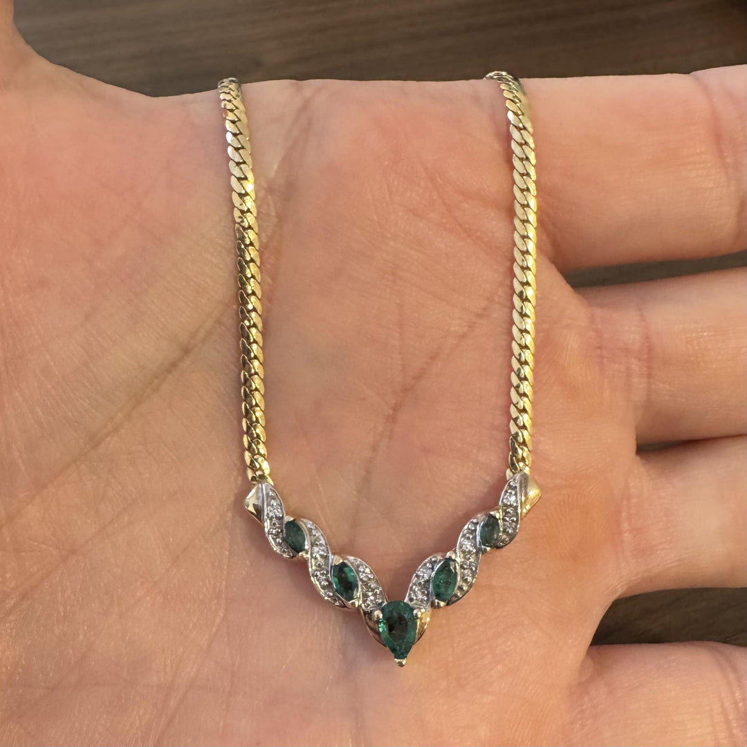 14k Yellow Gold 7.3g Emerald and Diamond Herringbone Pendant Necklace Italy 17"