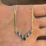 14k Yellow Gold 7.3g Emerald and Diamond Herringbone Pendant Necklace Italy 17"