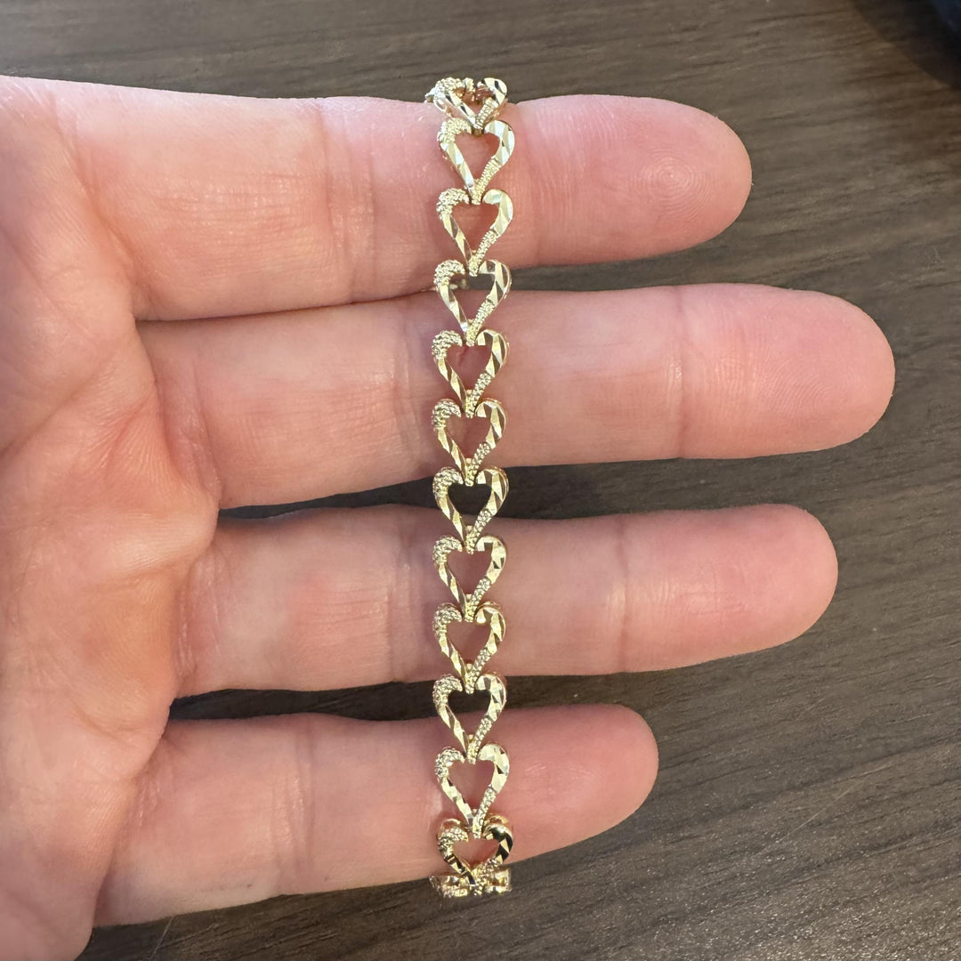 14k Yellow Gold 10.6g Solid Diamond Cut 8.5mm Heart Link Bracelet 7"