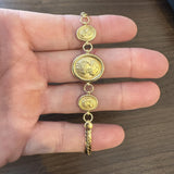 14k Yellow Gold 7.4g Portrait Medallion Flattened Curb Link Bracelet Italy 7.5"