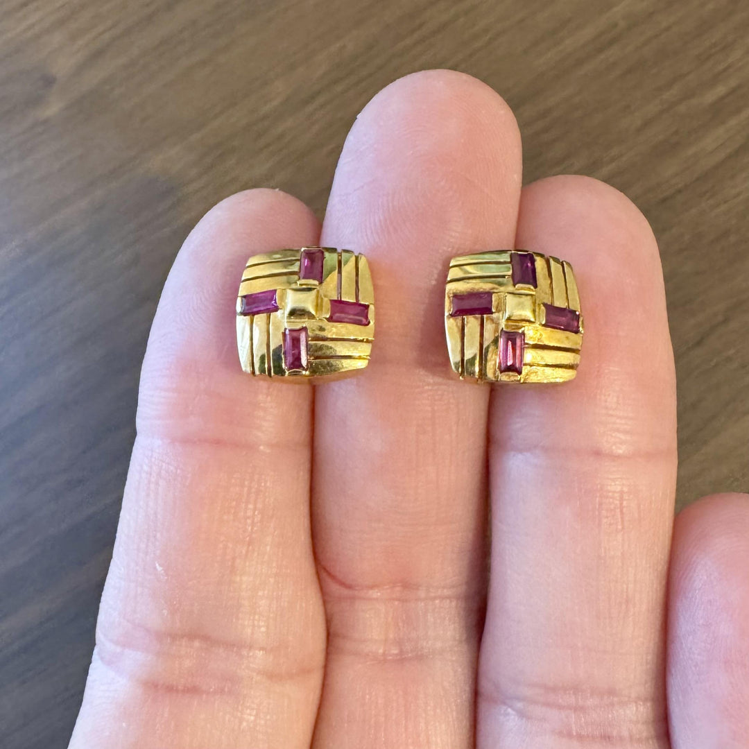 18k Yellow Gold and Baguette Ruby Vintage Square Stud Earrings
